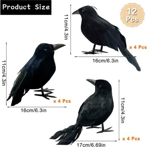 12 Pieces Feathered Black Crows - Realistic Handmade Ravens for Halloween Decor - Picture 2 of 8